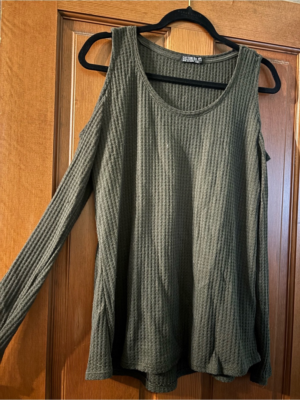Cotton On Olive Green Cold-Shoulder Waffle Knit Long Sleeve Top